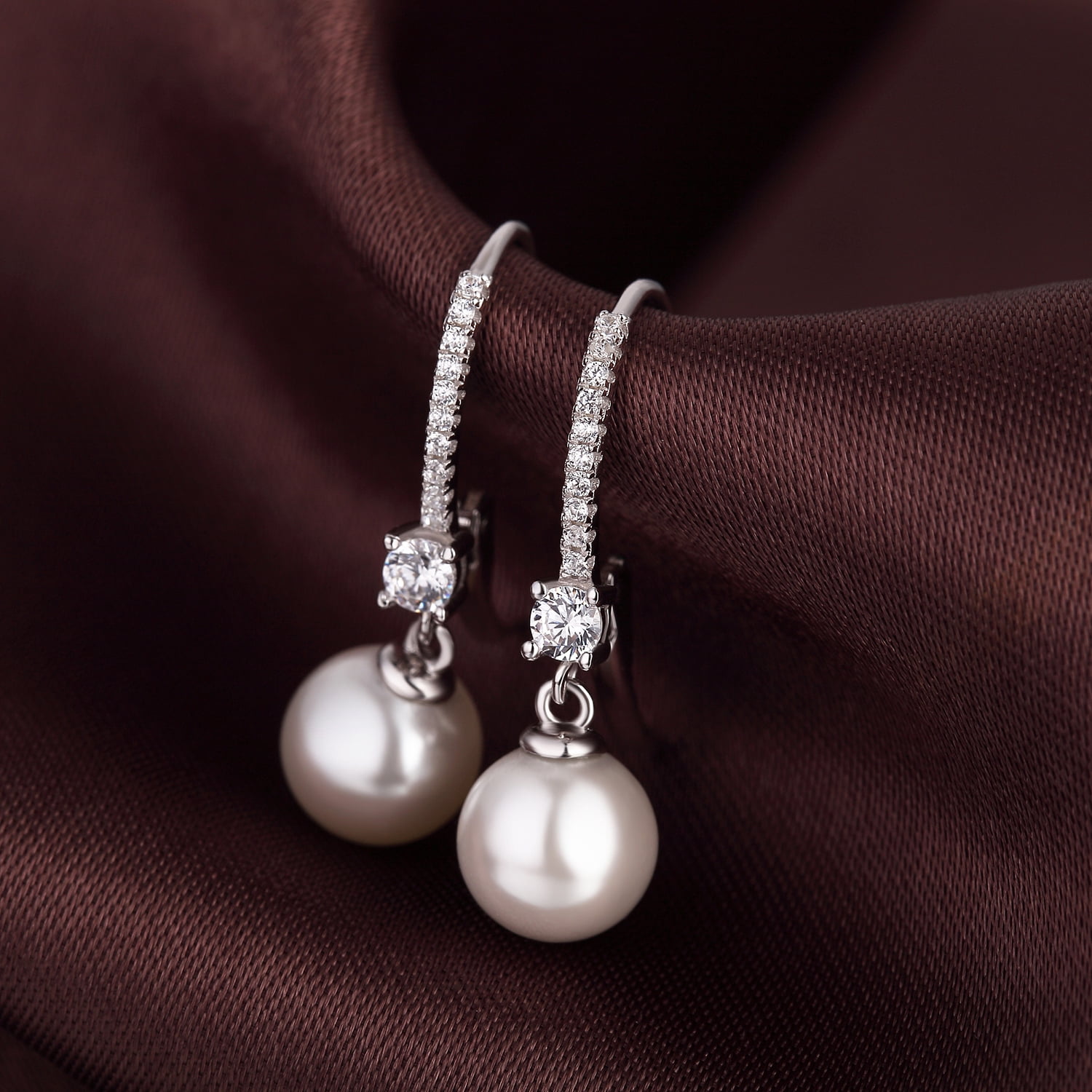 Jiamiaoi Pearl Dangle Earrings 8mm-10mm, 925 Sterling Silver Pearl Drop Earrings with Cubic Zirconia, Hypoallergenic Pearl Earring Leverback Pearl Earrings Drop Ideal Gift for Women