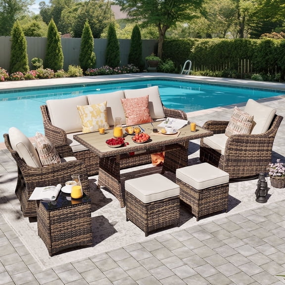 MEISSALIVVE 7 Pieces Patio Furniture Set with Swivel Chairs, Wicker Patio Conversation Set, Outdoor Patio Set with 2 Swivel Rocking Chair & Sofa, 2 Ottomans and Dining Table (Brown)