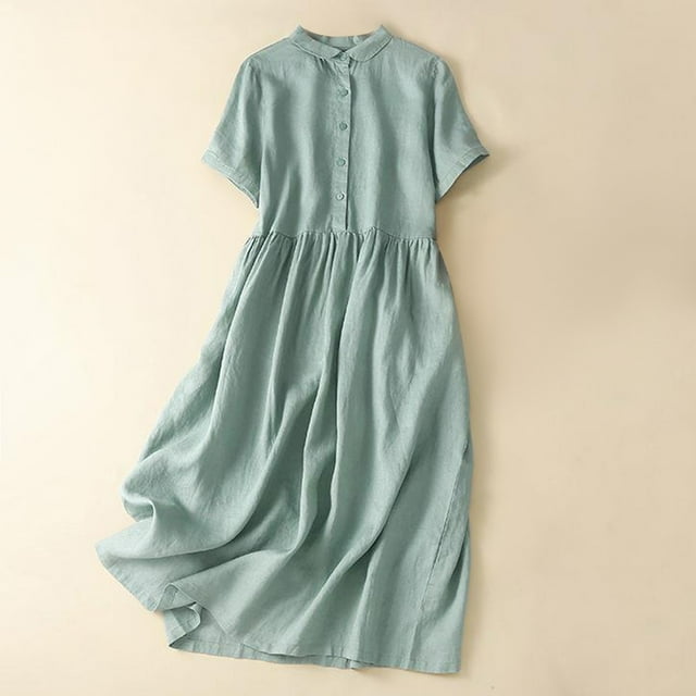 Qiopertar Robe d'Été en Coton et Lin pour Femmes, Manches Courtes, Col à Revers, Boutons, Grandes Économies de Vacances! à Moins de 5$, jusqu'à 90 % de Réduction