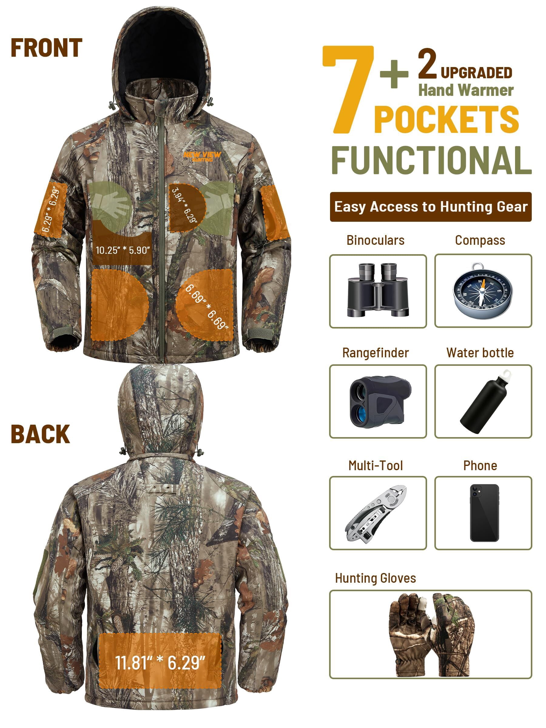 NEW VIEW Insulated Hunting Jacket for Men Cold Weather, Warm Camo Hunting Jackets with Hood, Water Resistant Hunting Clothes