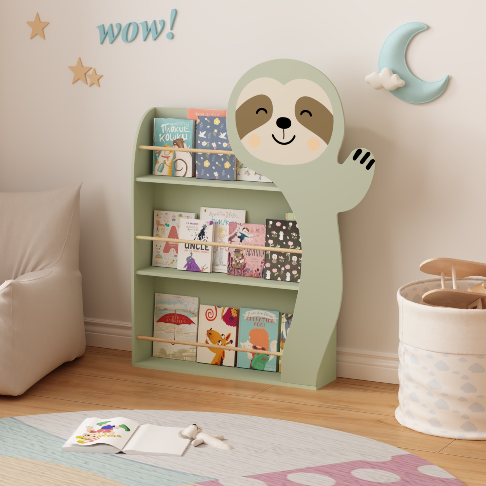 Miniyam Kids Sloth Bookshelf, 3-Tier Front-Facing Toddler Book Rack with Wooden Rods and Anti-Tip Kit, MDF Nursery & Playroom Book Storage Shelf, Green