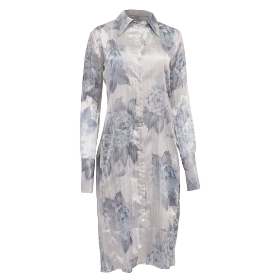 Pre-Owned Acne Studios Floral-Print Midi Shirt Dress in White Polyester