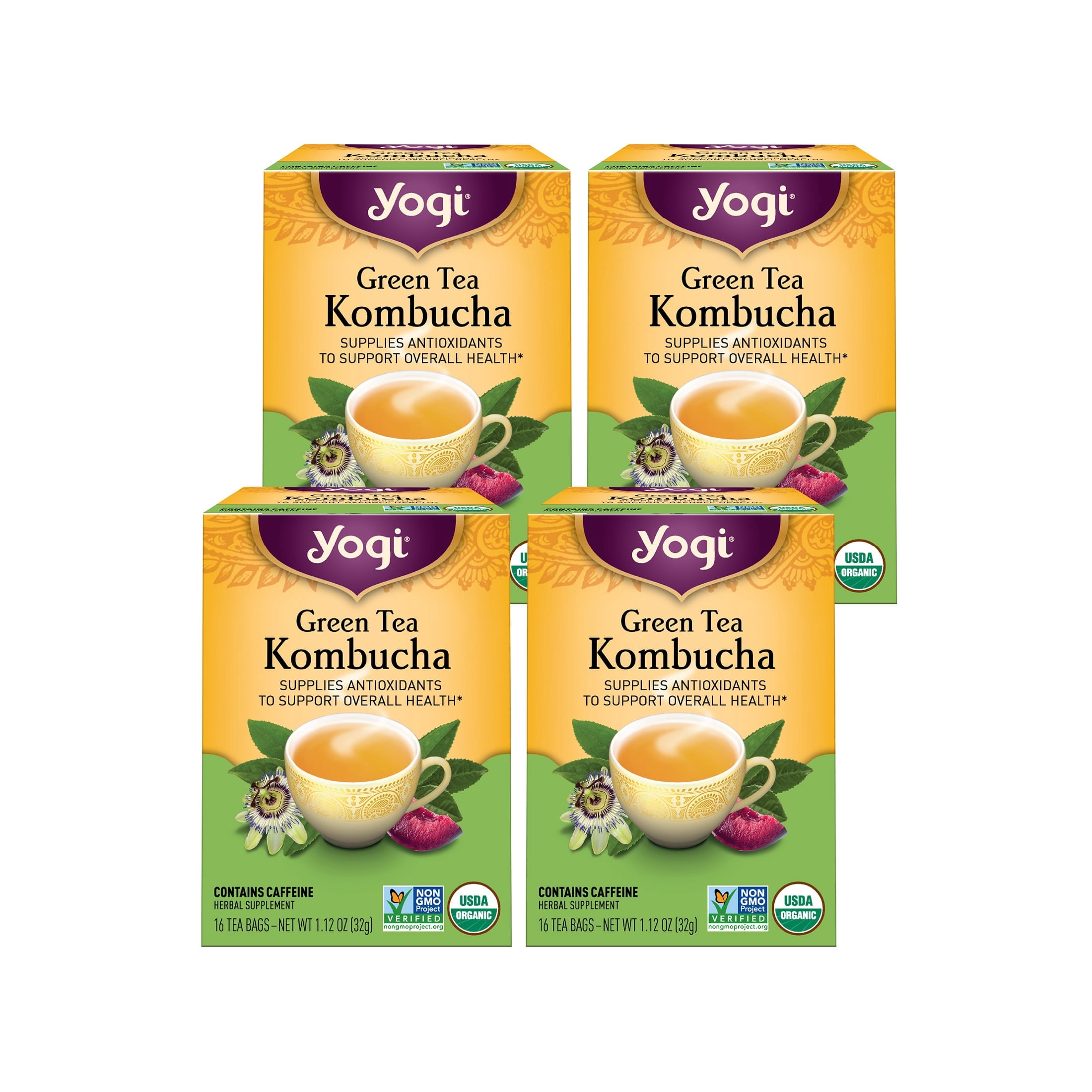 Yogi Tea Green Tea Kombucha, Organic Green Tea Bags, 4 Boxes of 16