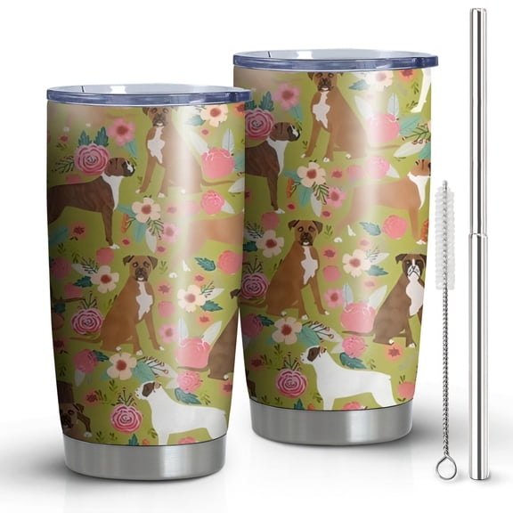 20oz Tumblers Cute Boxer Dog and Flowers Florals Stainless Steel Vacuum Insulated Double Wall Travel Tumbler Cups Mug with Lid and Straw,Cleaning Brush for Cold & Hot Drinks