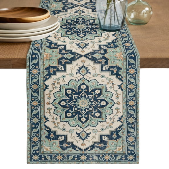 Boho Table Runner 72 Inches Long, Traditional Abstract Ethnic Floral Pattern Cotton Linen Table Runners Dresser Scarves, Decorative Fabric Tabletop Scarf Furniture Cover for Home Dinner Party 13"x72"