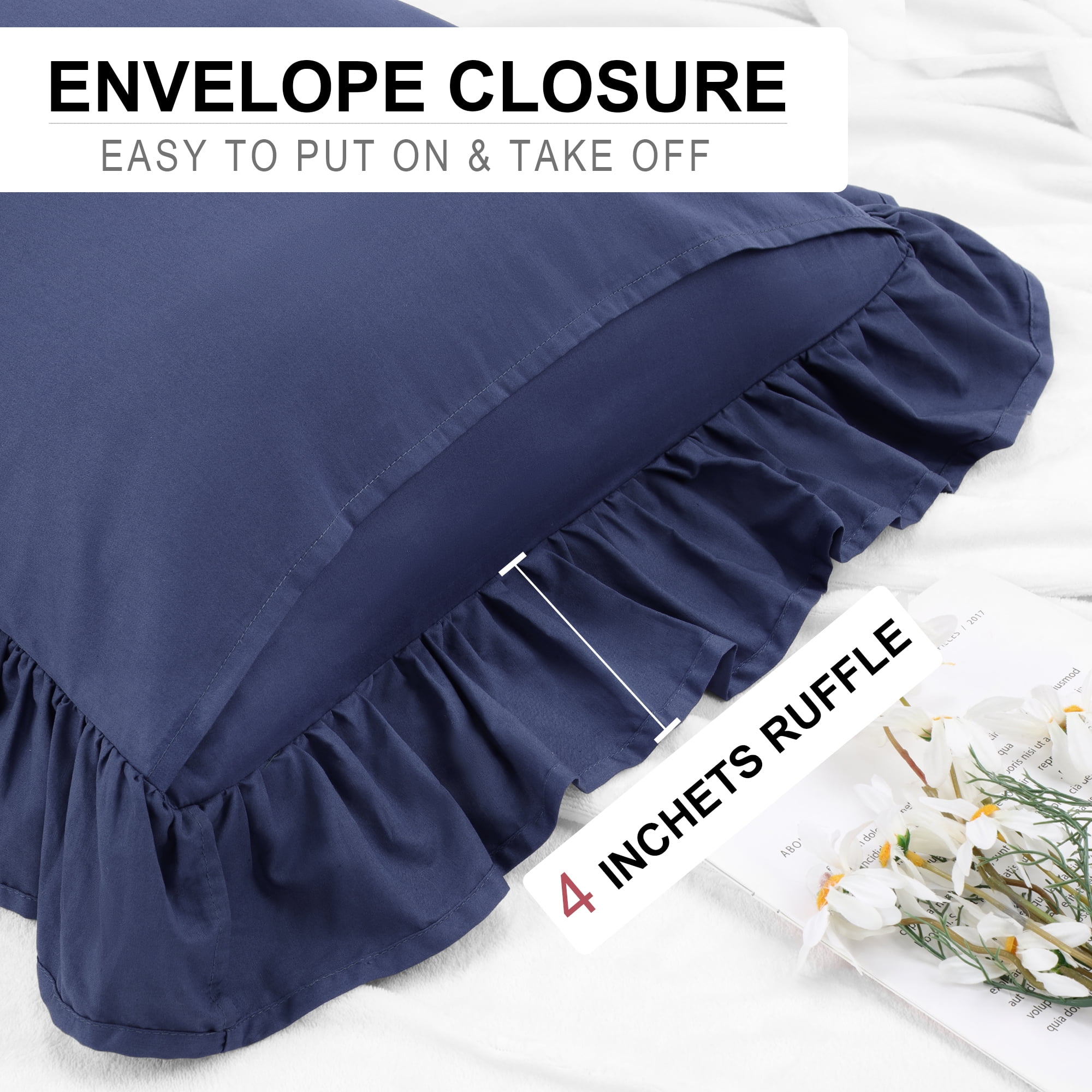 Unique Bargains 1Pc 100% Cotton Envelope Closure Body Ruffled Pillowcase Navy Blue 20"x48"