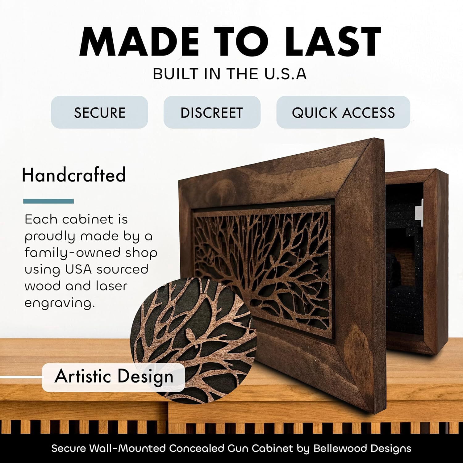 Wood Birds in a Tree 3-4 Gun Safe Secure Magnetic Lock Quick Access Wood Pistol Cabinet Wall Decor