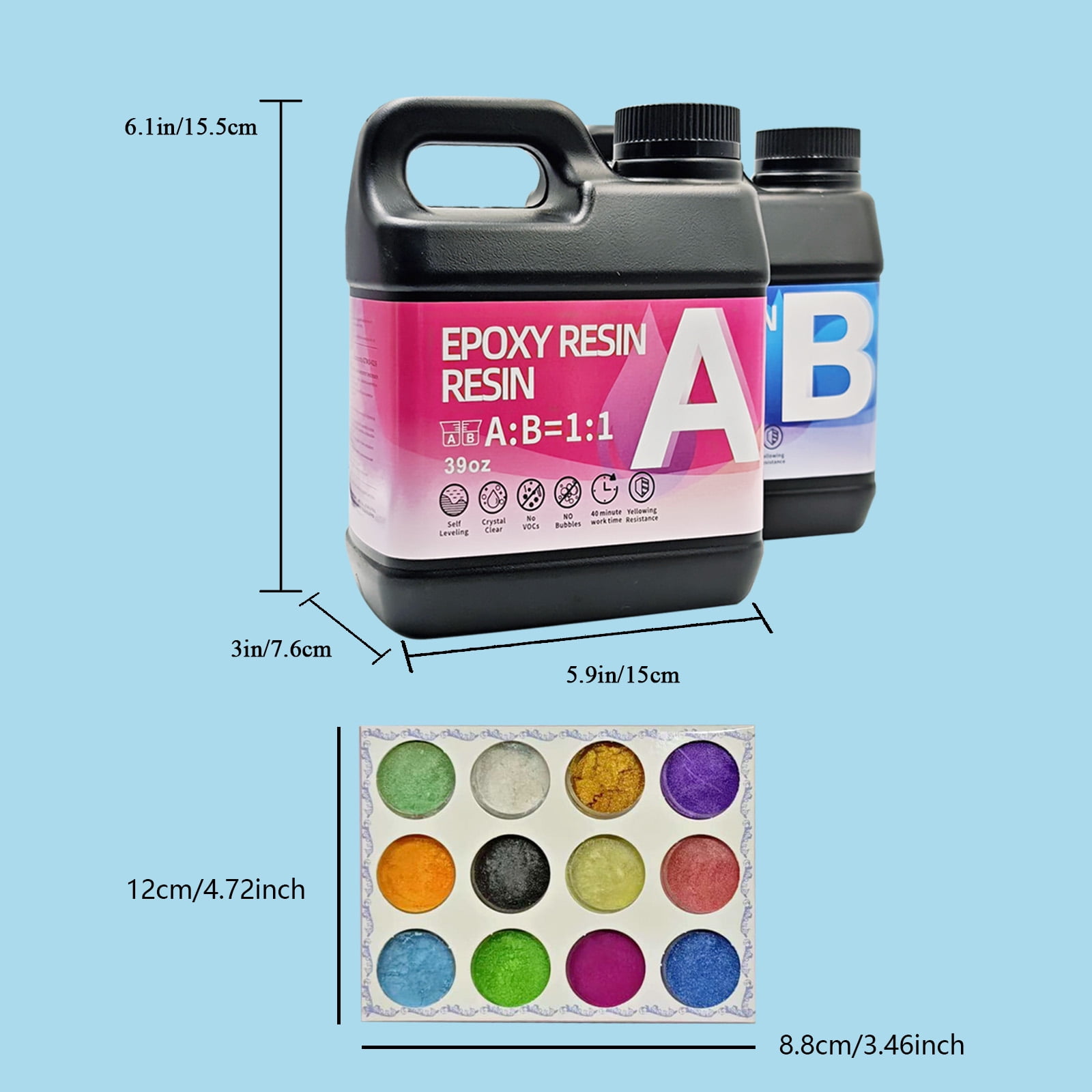Epoxy Resin Kit 156OZ，With 12 Colors Pearlescent Crystal Clear Epoxy Resin, Strong, Bubble-Free, Anti-Yellowing Art Resin That, Suitable for Casting, DIY, Molds, Jewelry, Easy to Mix 1:1 Ratio