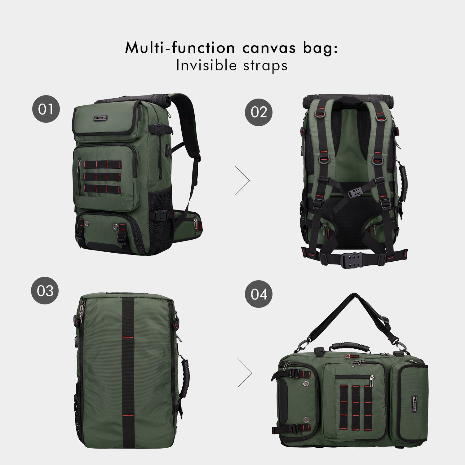 WITZMAN Carry on Travel Backpack for Men Airline Approved Convertible Nylon Duffle Backpack Luggage Bag(B682 Army Green)