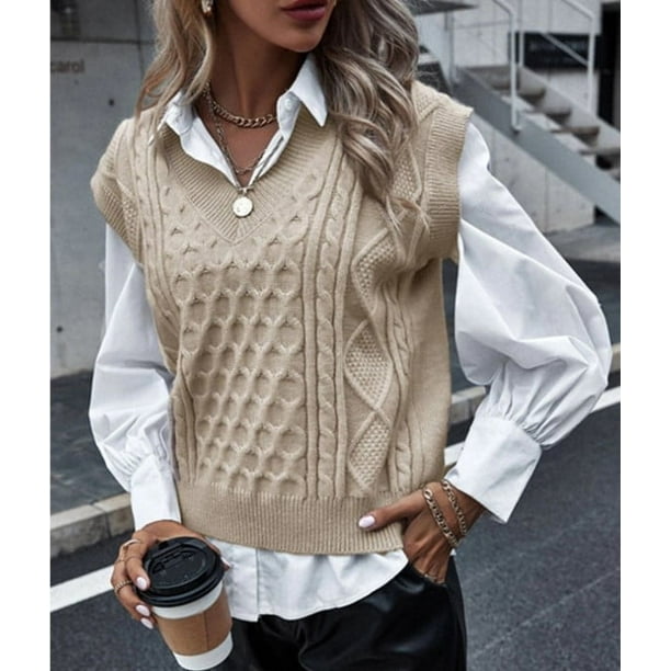 Suéter Chaleco Mujer Suéteres Sin Mangas De Cuello En V De Gran Tamaño Tops De Punto De Cable Para Mujer$Chaleco De Punto De Cuello En V De Color Sólido De Gran Tamaño Para Mujer Suéter Sin
