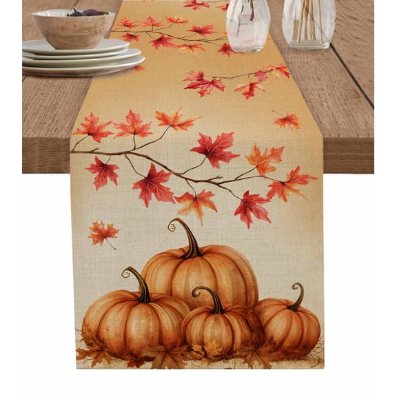 Orange Pumpkins Fall Table Runner 120 Inches, Maple Leaves Thanksgiving Branches Bed Runner Dresser Scarves Tabletop for Indoor Outdoor Parties/Ceremony/Banquet, 13"x 120"