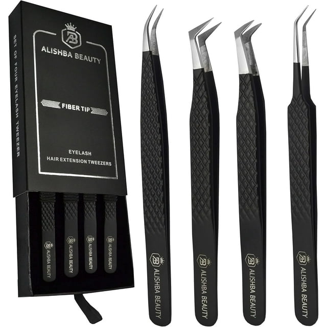BEAUTICS Alishba Beauty Eyelash Extension Tweezers, Precision Fiber Tip Grip Japanese Stainless Steel Profiessional (Set of 4 Eyelash Tweezer) (BLACK MATT)