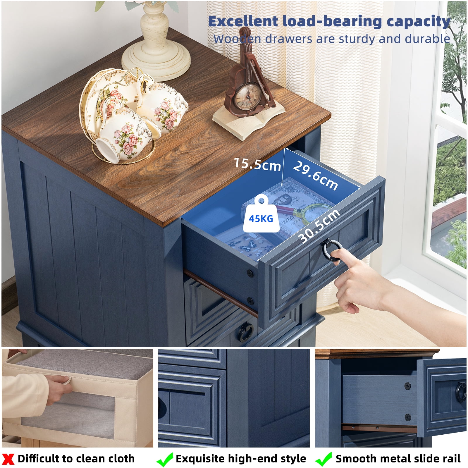 Joaxswe End Table with 3 Drawers for Living Room, Elegant Nightstand with Metal Handle for Bedroom, Blue