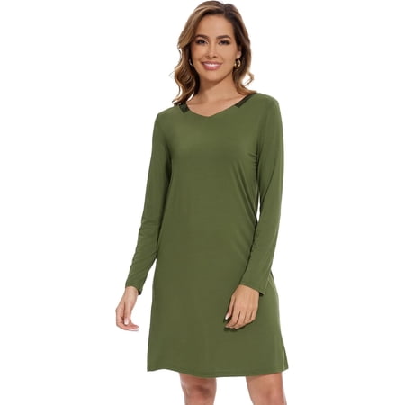 WiWi Viscose Made from Bamboo Nightgowns for Women Long Sleeve Satin V Neck Night shirt Soft Sleepshirt Sleepwear S-XXL Army Green Medium