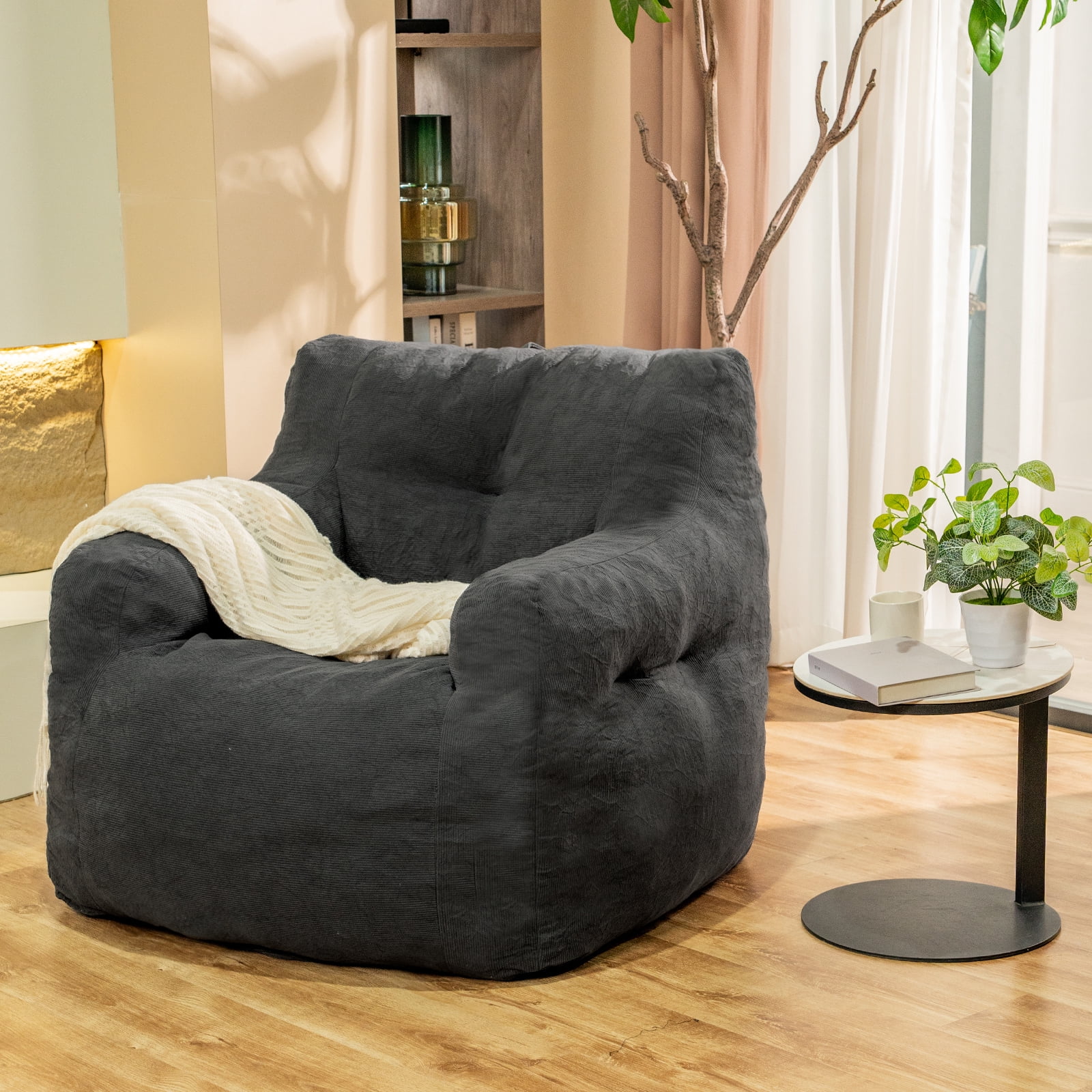 MIERES Bean Bag Chair for Adult Small Bean Bag Chairs with Arms Furry Beanbag Chair with Foam Filler Stuffed Bean Bag Sofa for Reading in Bedroom Living Room and Dorms (Gray)