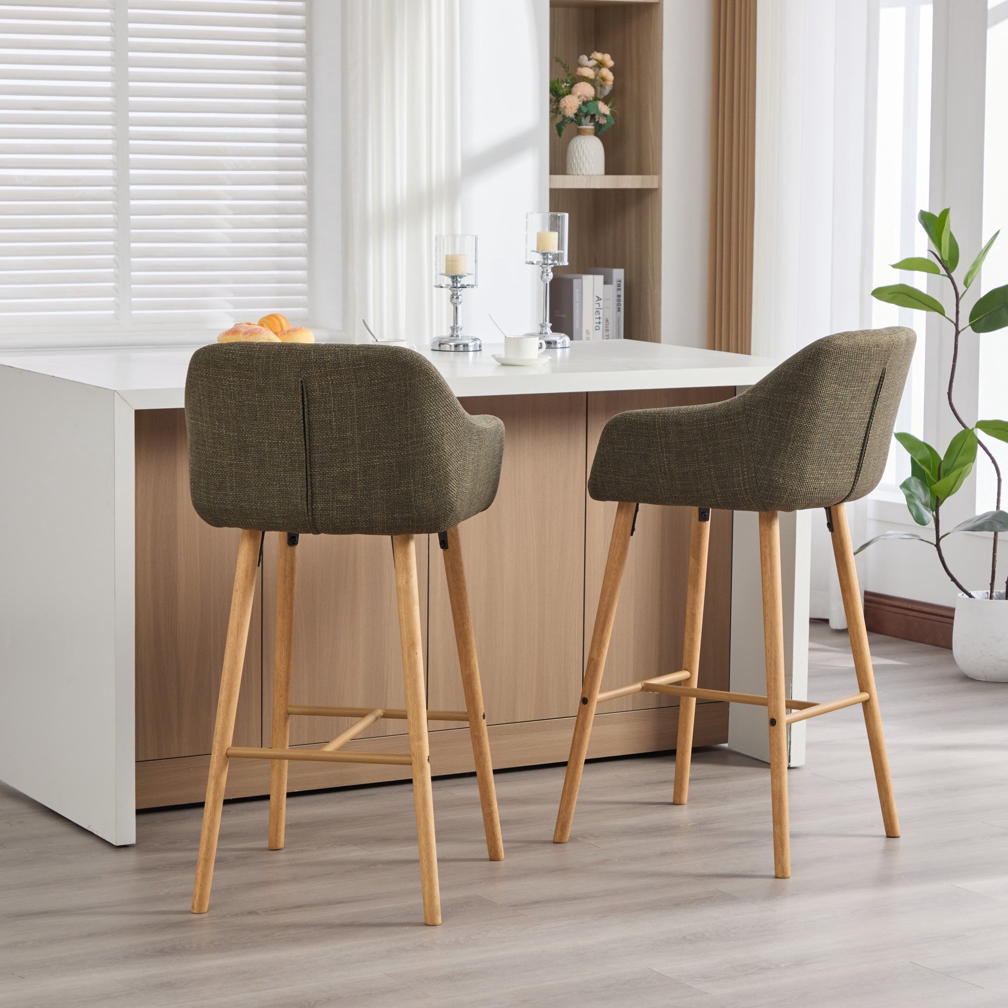 Sailvan Set of 2 Modern Bar Stools,Linen Upholstered Kitchen Island Chairs with Back & Arms,Solid Wood Legs Tall Counter Stools Green