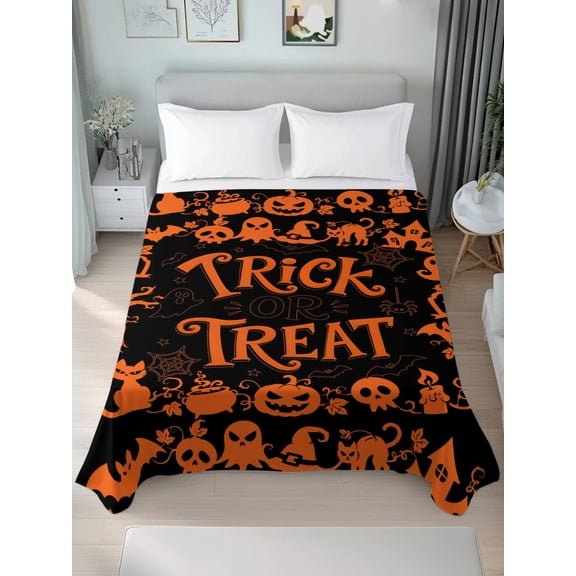 Twin Flat Sheet Only Halloween Ghost Black Cat Soft Microfiber Cooling Bedding Sheets Trick Or Treat Quote Flat Bed Sheet for Hotel,Home Decor