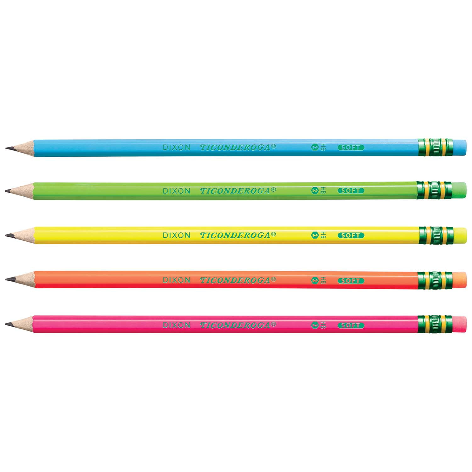 Ticonderoga Premium Neon Wood No. 2 Pencils with Eraser, 10 Per Pack, 6 Packs