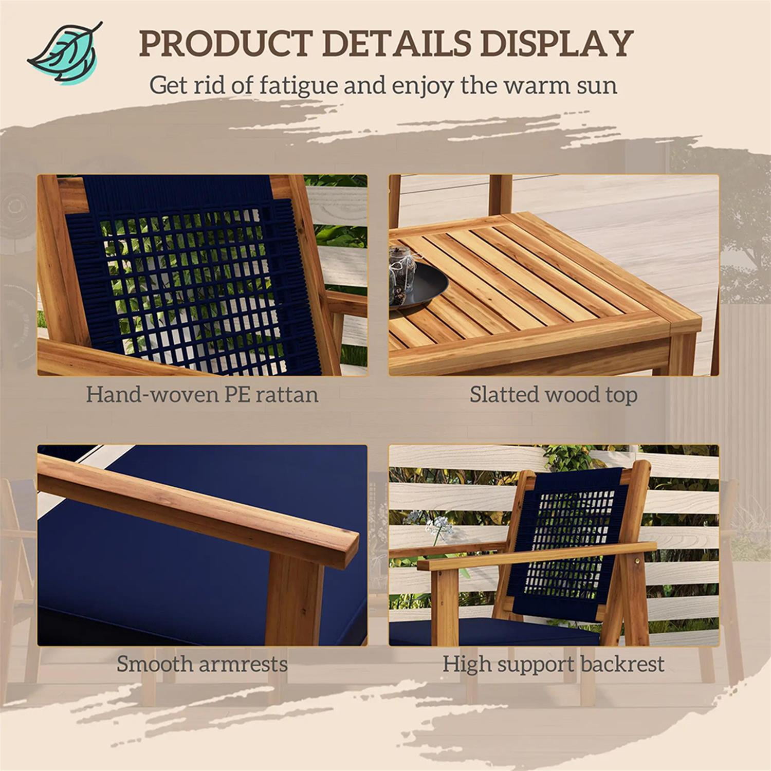 Demi Bonn 4-Piece Outdoor Conversation Sofa, Patio Furniture Set with 2 Acacia Wood Chairs Cushions & Slatted Coffee Table for Backyard, Balcony, Porch, Brown