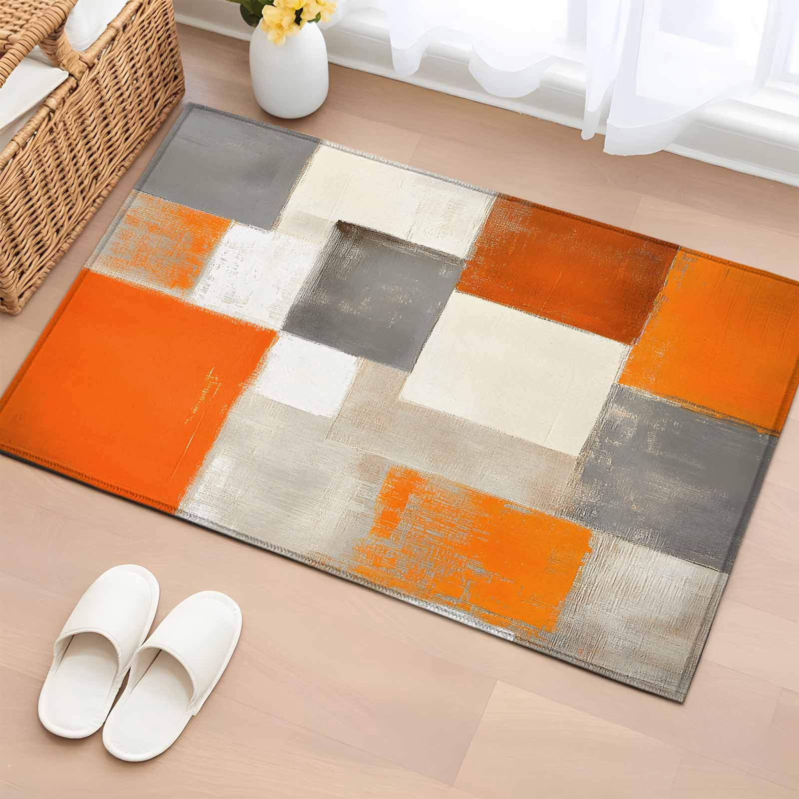 Burnt Orange Bathroom Mat 2x3 FT, Non Slip Small Kitchen Mat, Grey Modern Abstract Art Oil Painting Geometric Washable Soft Backed Front Door Throw Rug Indoor Outdoor Doormat for Entryway Sink