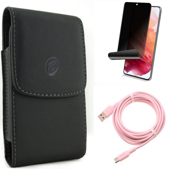Case Belt Clip w 10ft Long USB-C Cable w Privacy Screen Protector for Samsung Galaxy S21 Plus - Leather Holster, Pink Charger Cord, TPU Film Fingerprint Works Accessory Bundle