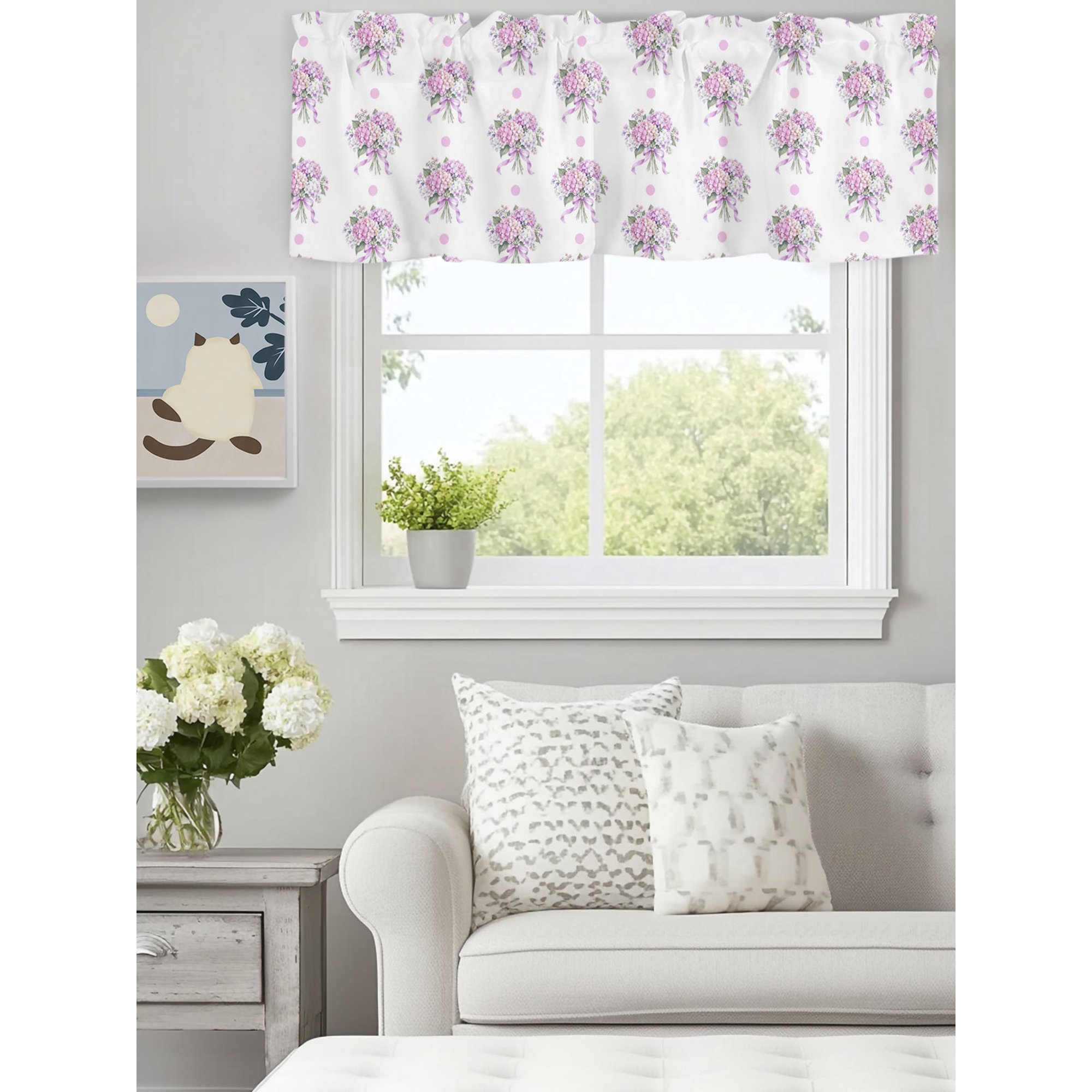 Curtain Valance for Windows Pink Hydrangea Bouquet Kitchen Valances Rod Pocket Short Curtains Seamless Flower Dots Window Valance for Bedroom Bathroom Living room 60x18in