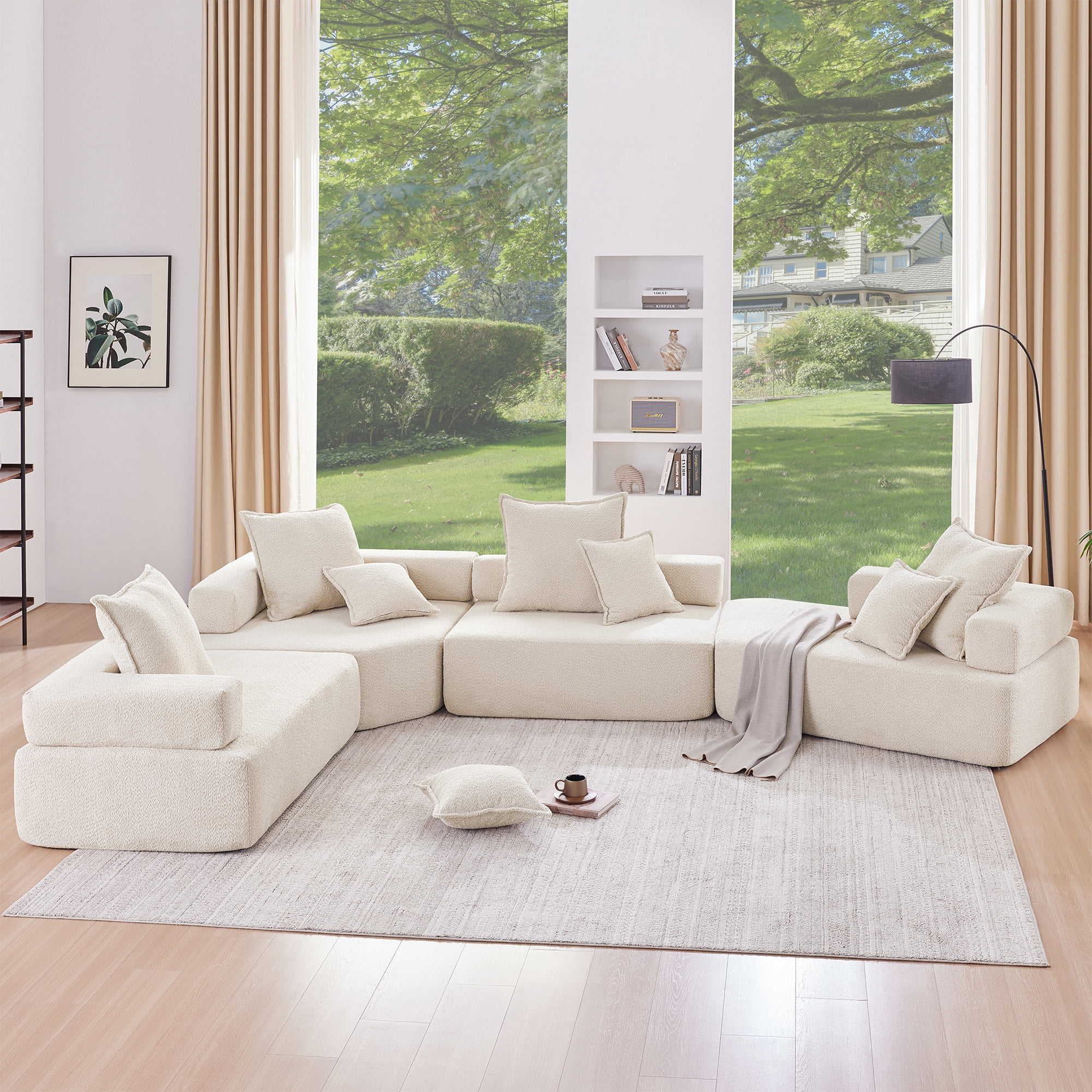 EUROCO 156" Oversized Modular U Shaped Sectional Sofa Couch, Boucle 4 PC Free Combination Floor Sleeper Couch Set, Spacious Foam-Filled Convertible Sofa Bed for Living Room, Beige
