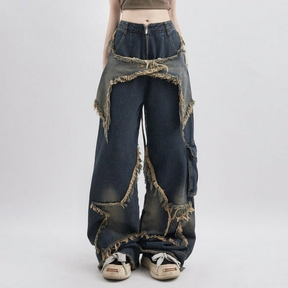 Jeans Bleus pour Femmes Couleurs Contrastées Taille Haute Rue Américaine Pantalon Grand Mode Hip Hop Vintage Droit Automne - Bleu / TG