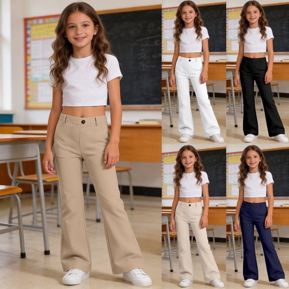 Girls School Uniform Pants Flared, Girls Flare Dress Pants Kids School Uniform Bell Bottoms with Elastic Waist Back to School