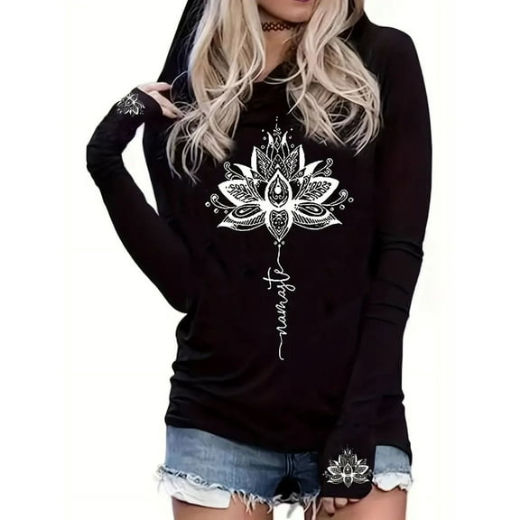 Stylish Lotus Print Crew Neck Hooded T-shirt - Soft, Breathable, Long Sleeve Design for Spring & Fall - Women's Casual Clothing for Everyday Wear