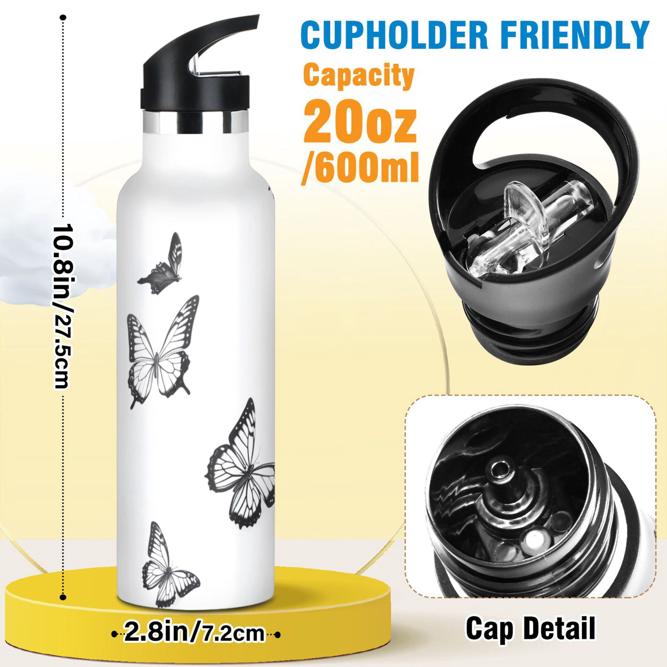 Kids Insulated Stainless Steel Sports Water Bottle 600ml (20oz), BPA-Free Black and White Butterflies Pattern