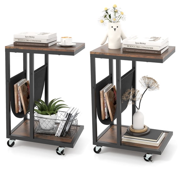 Topbuy 2-tier Side Table C-shaped Bedside Table with Storage Pocket Lockable Casters 2PCS