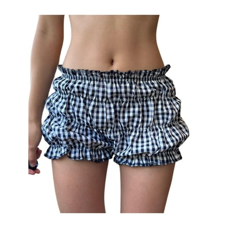 Women Y2k Plaid Bloomers Elastic Low Rise Ruched Lounge Shorts Lolita Pajama Bottoms Ruffle Shorts