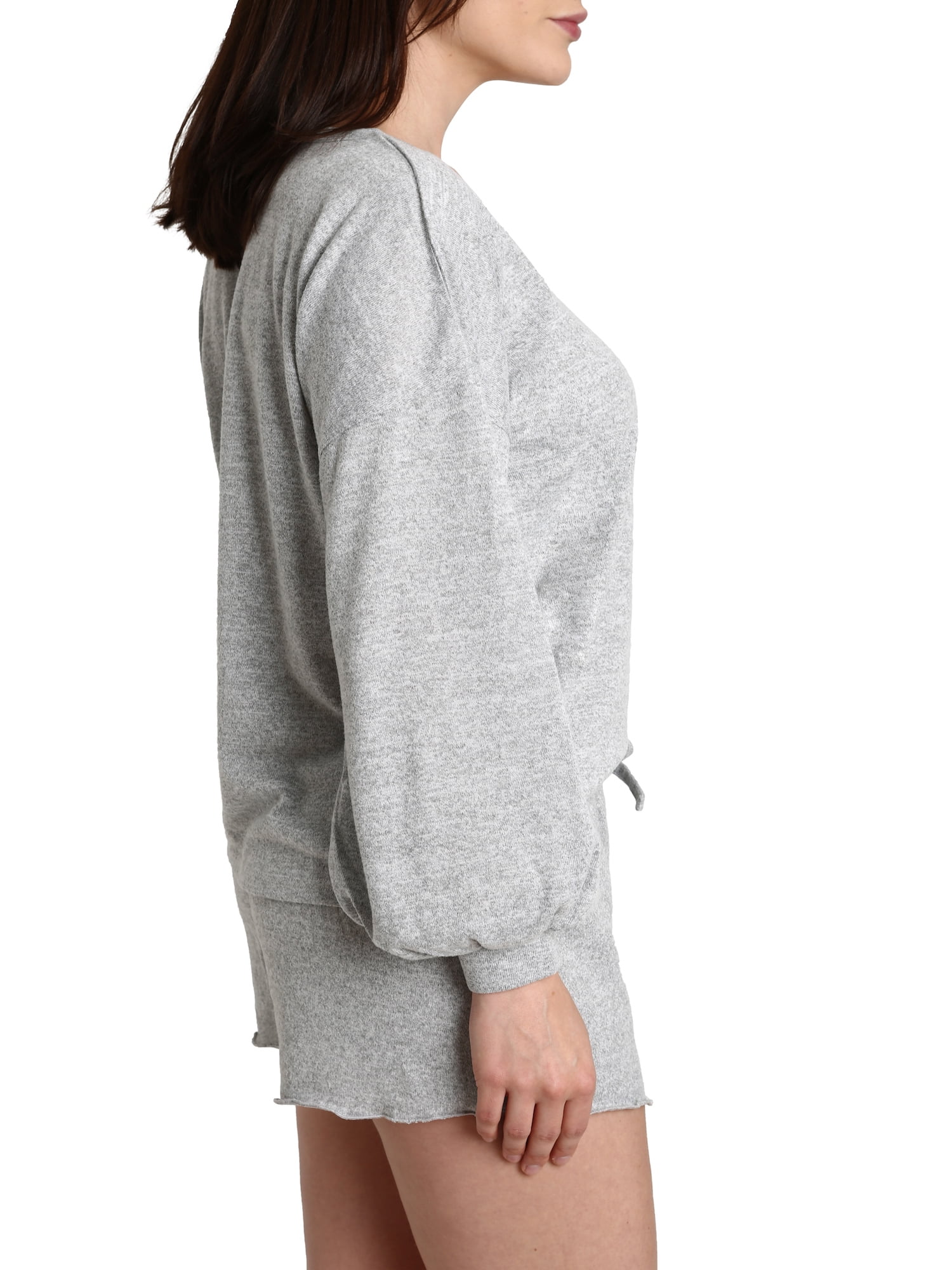 Blis Women's Flowy Henley Button-Up Long Sleeve Tee and Lettuce Edge Short Set Grey
