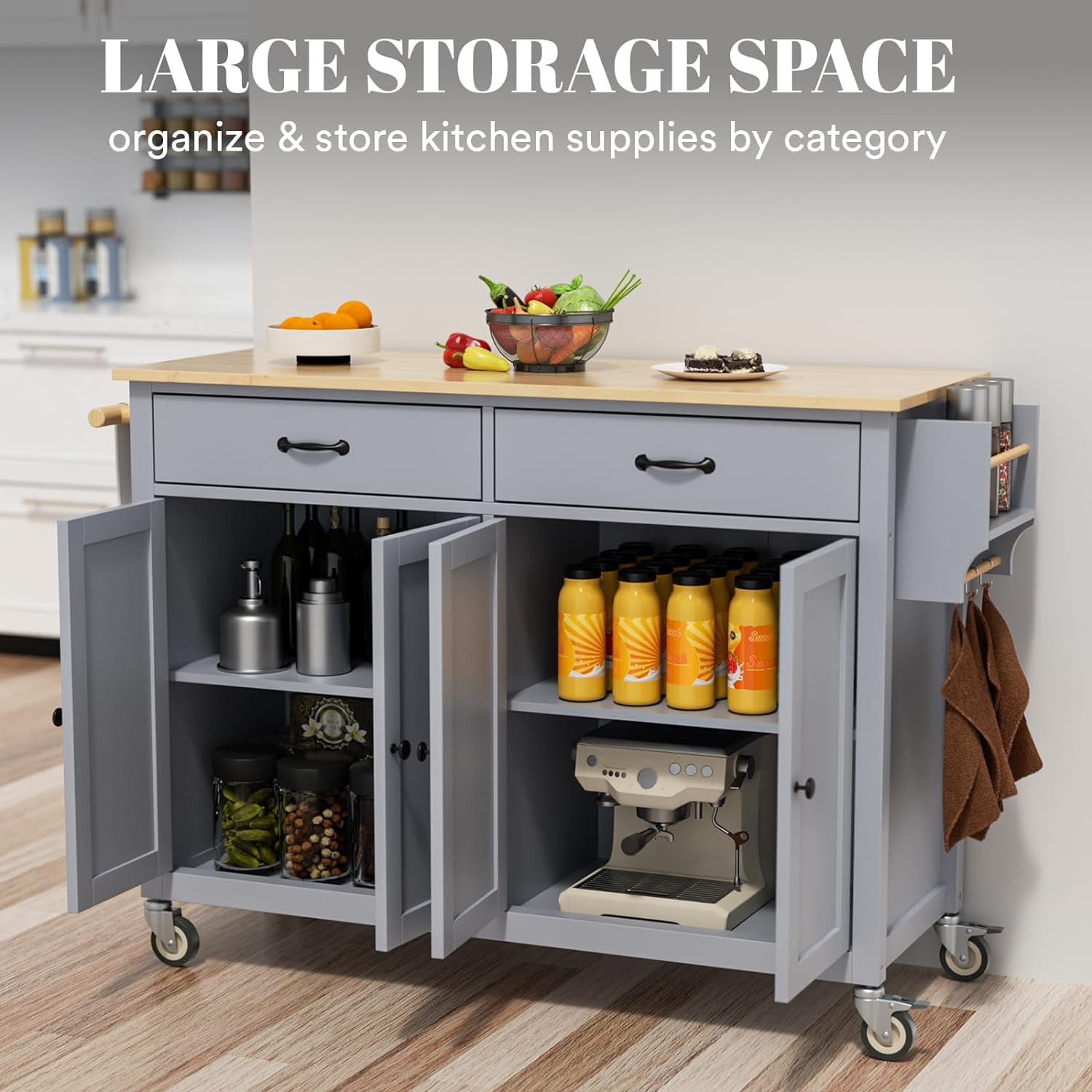 ZIVACATE Kitchen Island on Wheels 54in Rolling Cart with wood Top Spice Towel Rack Drawers, Grey
