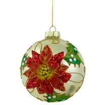 Northlight Sequin 2-D Poinsettia Christmas Glass Ball Ornament - 4" - Gold and Red