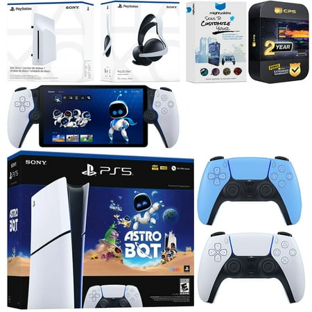 Sony PlayStation 5 Astro Bot Slim Digital Bundle with Disc Drive, Pulse Elite Headset, Extra Controller, PlayStation Portal, MightySkins Voucher and 2 Year Extended Warranty - Starlight Blue
