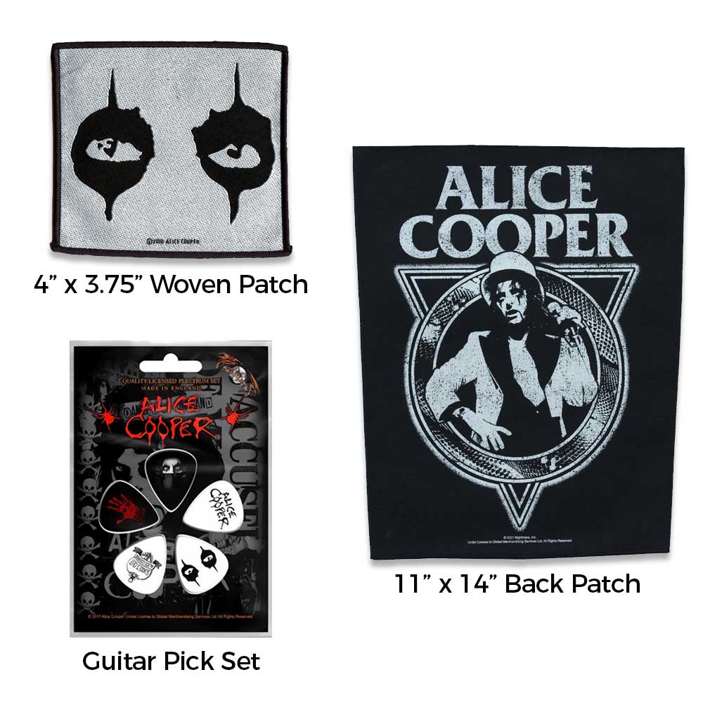 Alice Cooper Officially Licensed Gift Set - 1 Back Patch, 1 Standard Woven Patch, 1 Set of five Guitar Picks