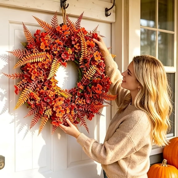 Gaecuw Fall Wreath, 19.69 Inches Artificial Leaf Wreath with Persian Foliage and Berry Accents, Autumn Thanksgiving Door Decor for Front Door Porch Wall, Orange Red