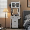 thumbnail image 6 of Spaco Vanity Desk with Sliding Mirror and LED Lights, Makeup Table with Charging Station and Storage Shelves, Compact Mini Corner Vanity Set with Hidden Storage Stool for Small Space, White, 6 of 15