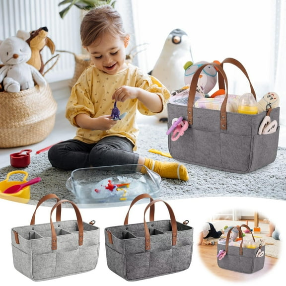 Baby Diaper Caddy Organizer, Felt Nursery Storage Basket with Compartments, Car Diaper Holder Tote Bag, Portable & Lightweight Diaper Bag Organizer for Wipes, Bottles, and Essentials 13*6*7in