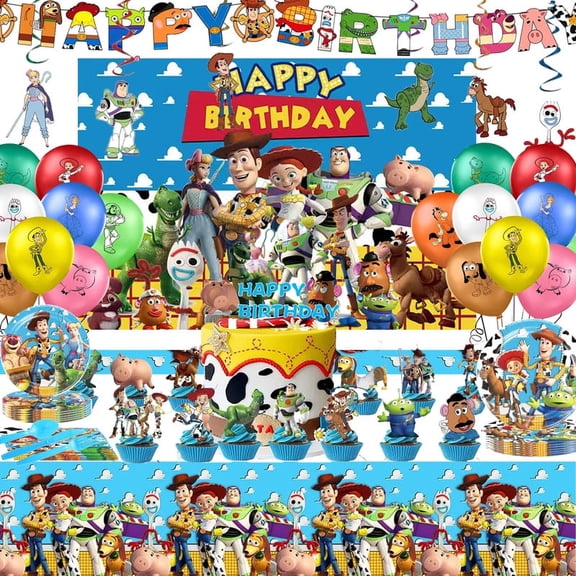 Toy Story Birthday Party Supplies - Birthday Party Decorations Include Balloon Decorations, Banner, Backdrop, Plates,Cups,Napkins,Knives, Spoons and Forks,Cake & Cupcake Toppers, Tablecloth