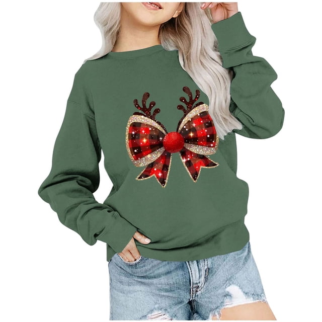 Chemises de Noël Garçons Filles à Carreaux Nœud Papillon Chandails en Molleton Graphiques Col Rond Manches Longues Chandail Tops (1-2 Ans, Vert Armée)