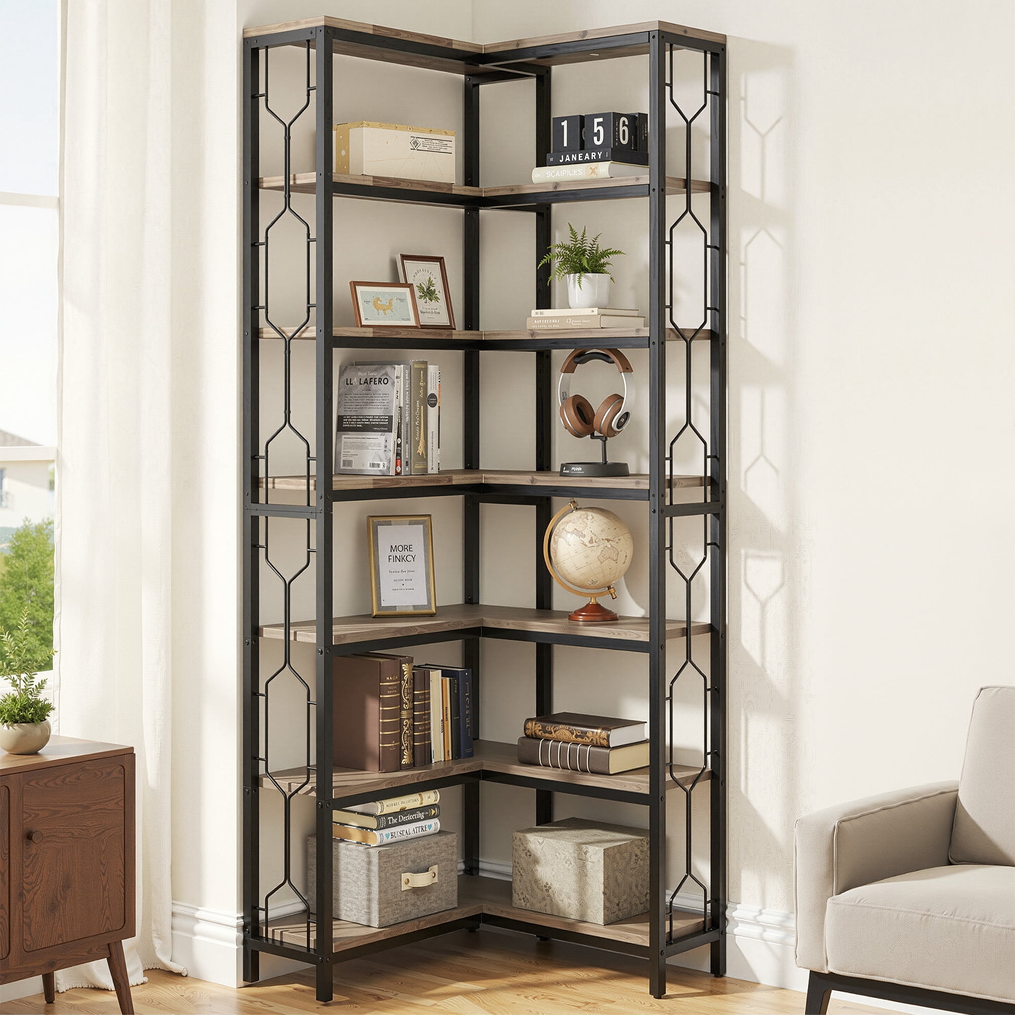 MAYEERTY Industrial 7-Tier Corner Bookcase, Hexagonal Storage Shelf with Side Railings, Particle Board & Metal Frame for Living Room