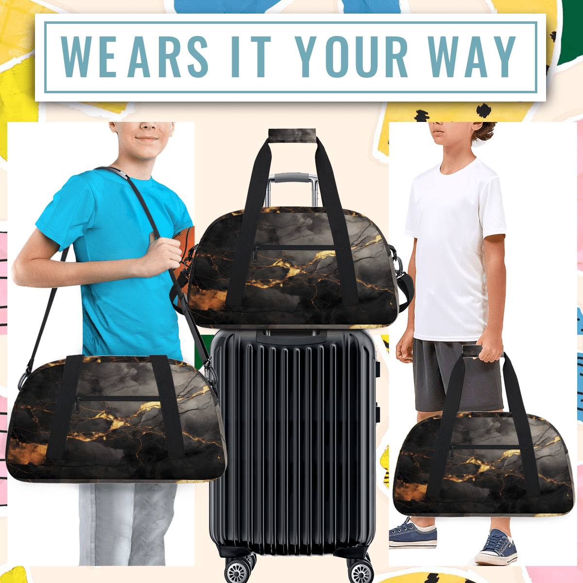 Herdesigns Sports Duffle Bags Travel Duffle Bag Gym Bag Black And Gold Marble Weekender Travel Bag Waterproof Overnight Bag Carry On Travel Tote Bag Dance Bags