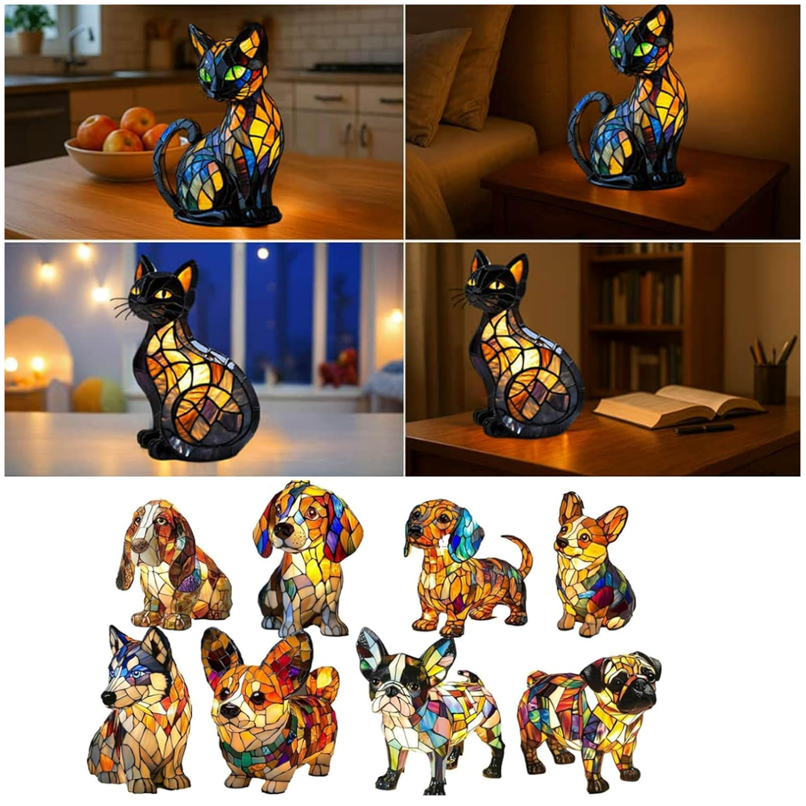 GITpooo Stained Glass Lamp,Dog Lamps Stained Glass Lamp,Cute Pet Dogs Themed LED Table Lamps,Stained Resin Tabletop Night Light,Dachshund Schnauzer Corgi Pug Boxer Dog