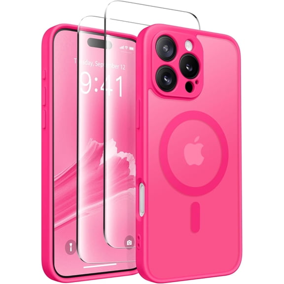 Magnetic Compatible with iPhone 16 Pro Case, Upgraded [Full Camera Protection] [Compatible with MagSafe] Protective Translucent Matte Women Girl Phone Case Cover, Hot Pink