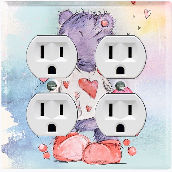 Metal Light Switch Wall Plate Outlet Cover (Love Friend Purple Teddy Bear Heart Pillow - Double Duplex)