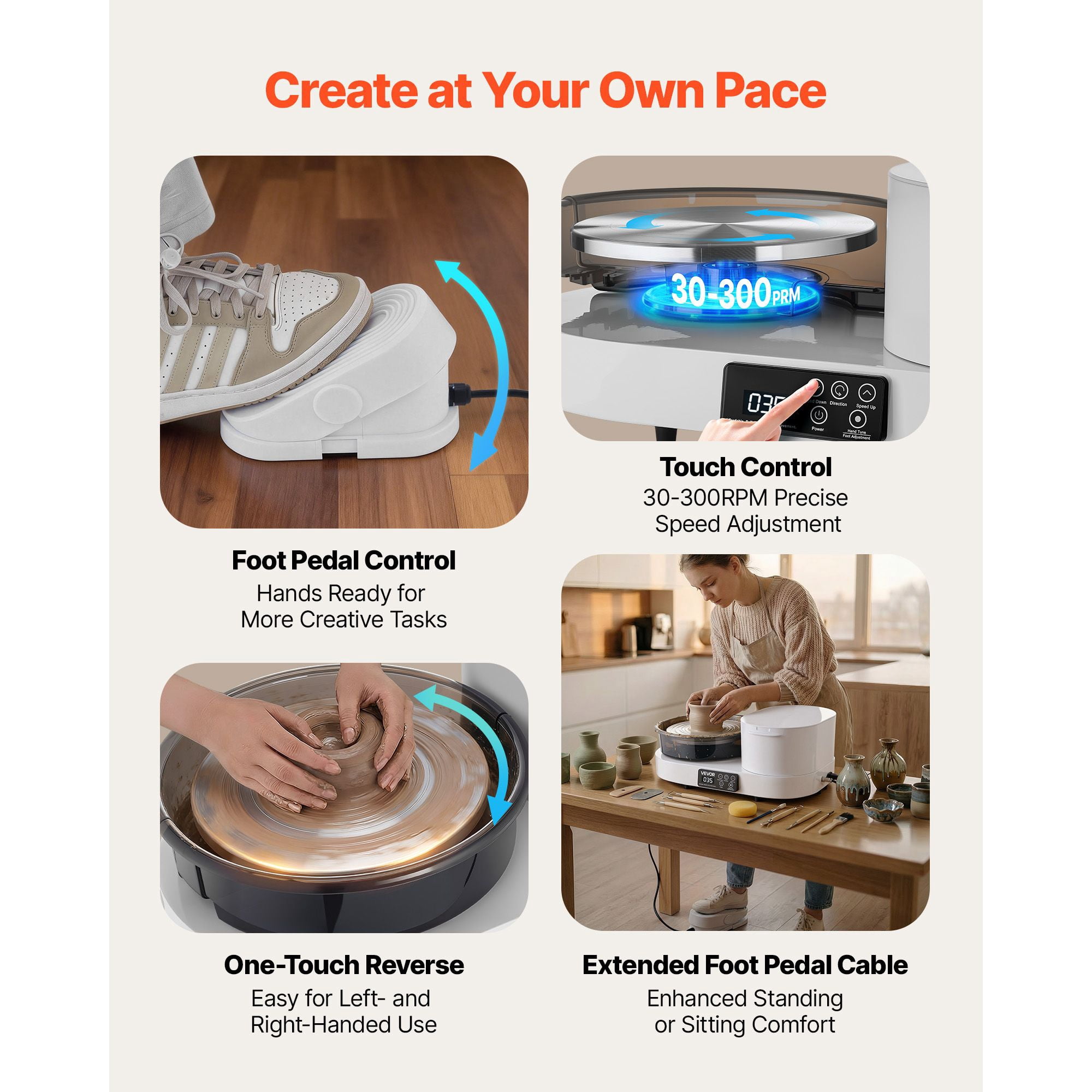 11" Aluminum Pottery Wheel, 450W Electric with Foot Pedal, 30-300 RPM, Table Top for Beginners & DIY Clay Art, White