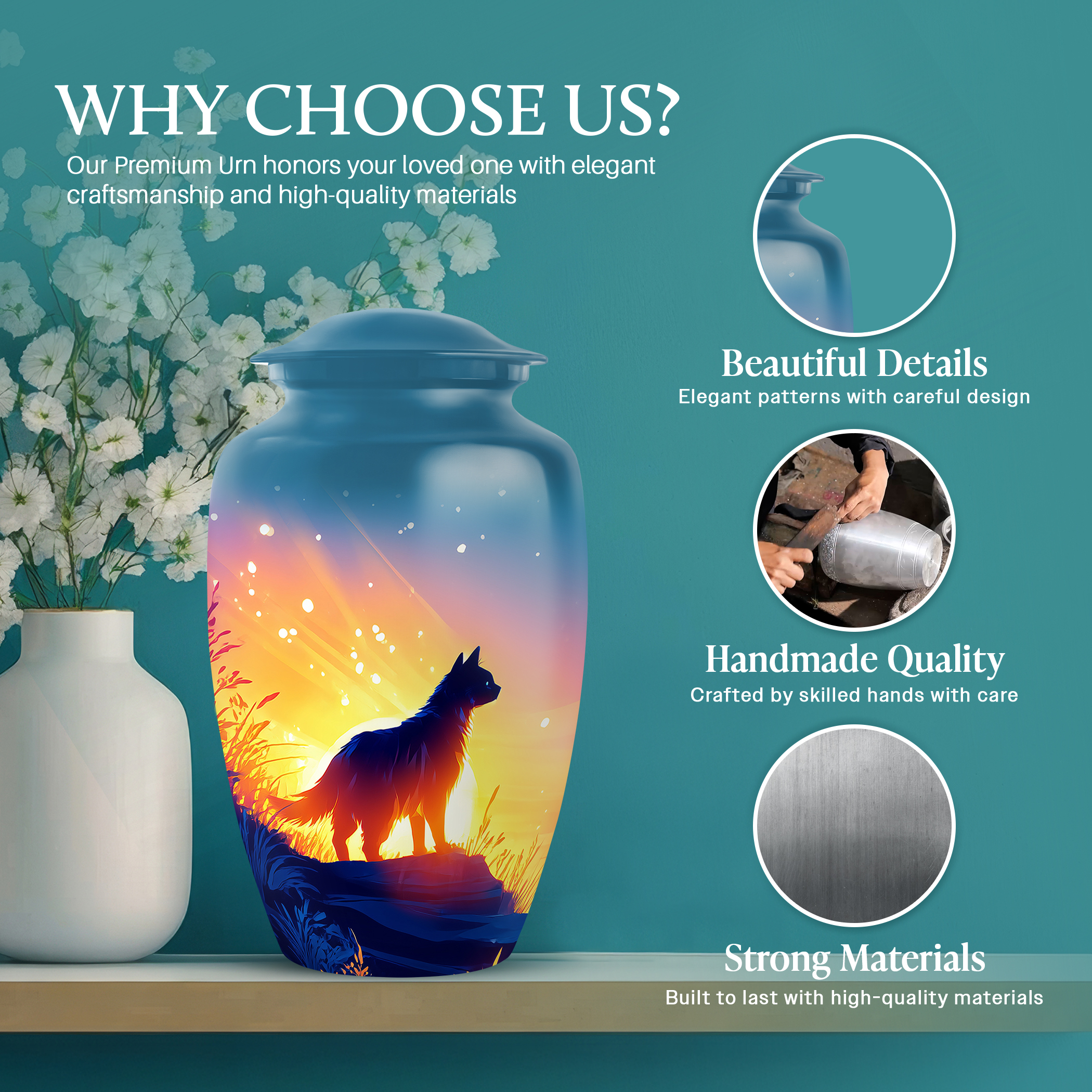 SABURIAL Cat Urn - Tribute Beautiful Urn For Male & Female Ash - Cremation Urns For Mom Ash - Large Burial Urns For Human Remains - Large Size 10 Inch With Velvet Bag